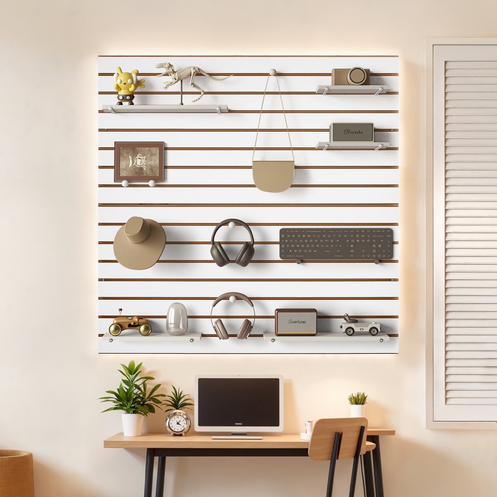 VEVOR Slat Wall Paneling, 4 x 4 ft, MDF Garage Slatwall with Modular Design, White Slat Wall Easy-to-Install Adjustable