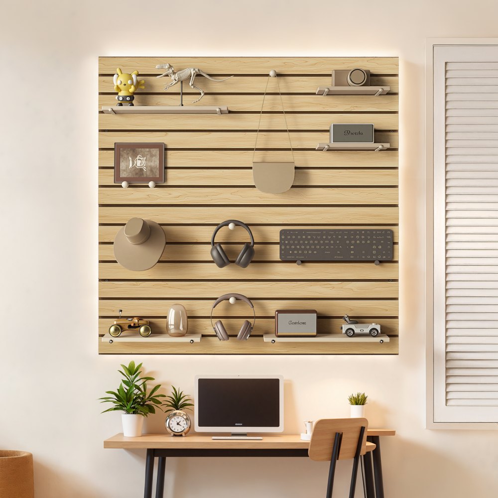 VEVOR Slat Wall Paneling, 4 x 4ft, MDF Garage Slatwall with Modular Design, Natural Slat Wall Easy-to-Install