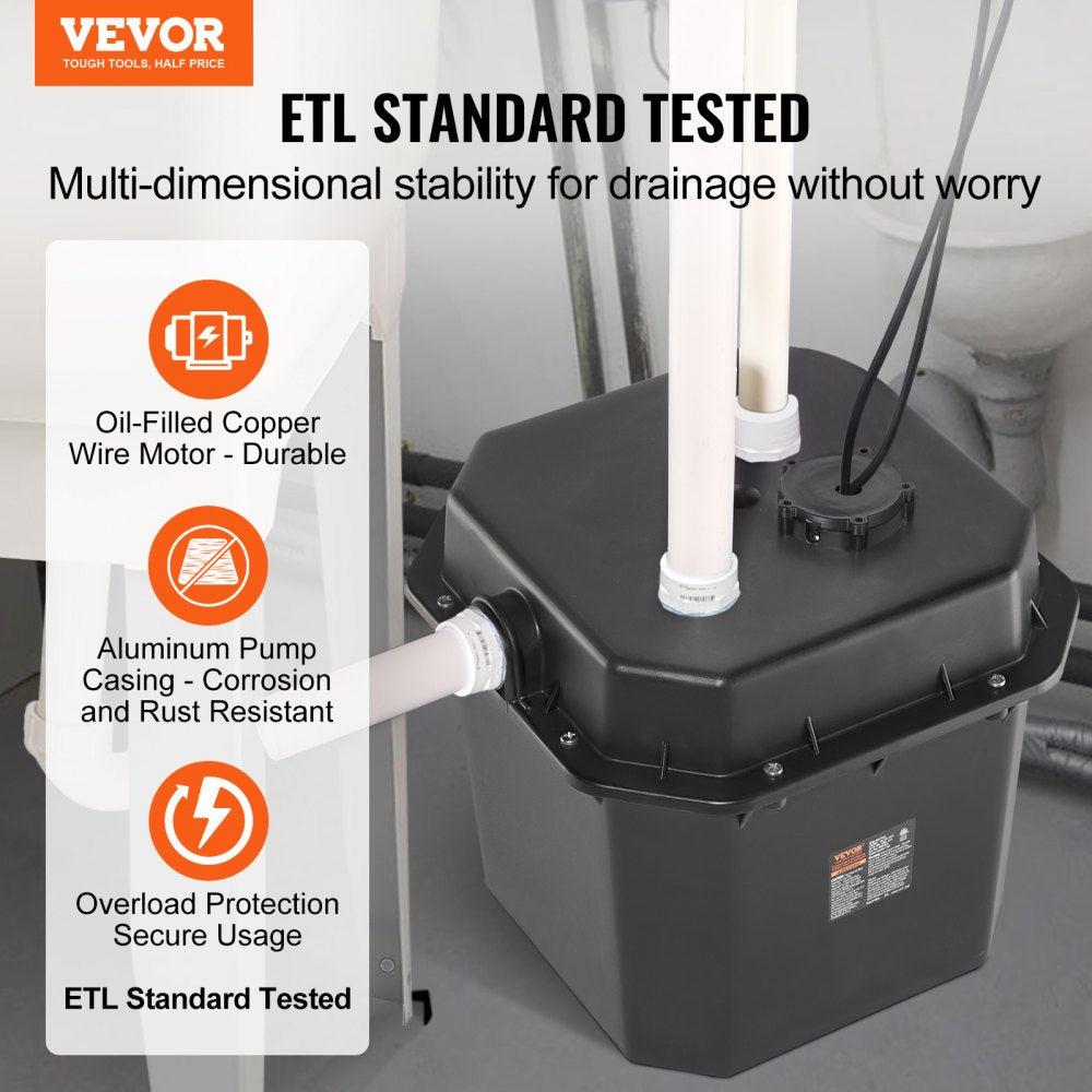 VEVOR Utility Sink Pump, 1/2 HP, 120-Volt, 3500 GPH Flow, 28 ft Head, Under-Sink Sump Pump System with 6 Gallon Basin