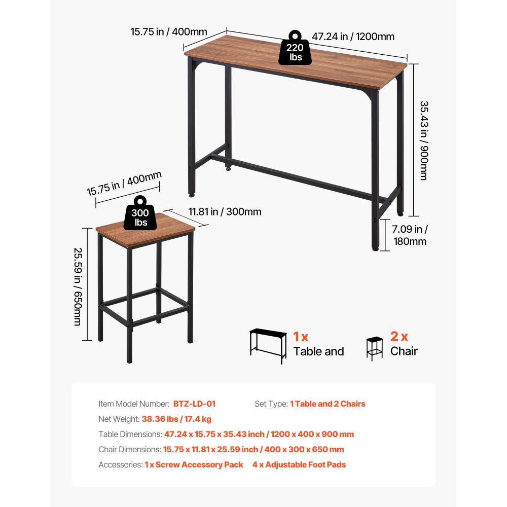VEVOR Bar Table, 3PCS 47″ Bars Tables Set, Bar Tables and Chair Set with Rounded Edge Design, Rectangular Pub Table