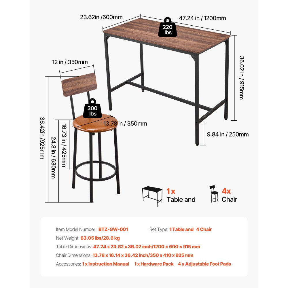 VEVOR Bar Table, 5PCS 47″ Bars Tables Set, Bar Tables and Chair Set with Rounded Edge Design, Rectangular Pub Table