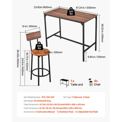 VEVOR Bar Table, 5PCS 47″ Bars Tables Set, Bar Tables and Chair Set with Rounded Edge Design, Rectangular Pub Table