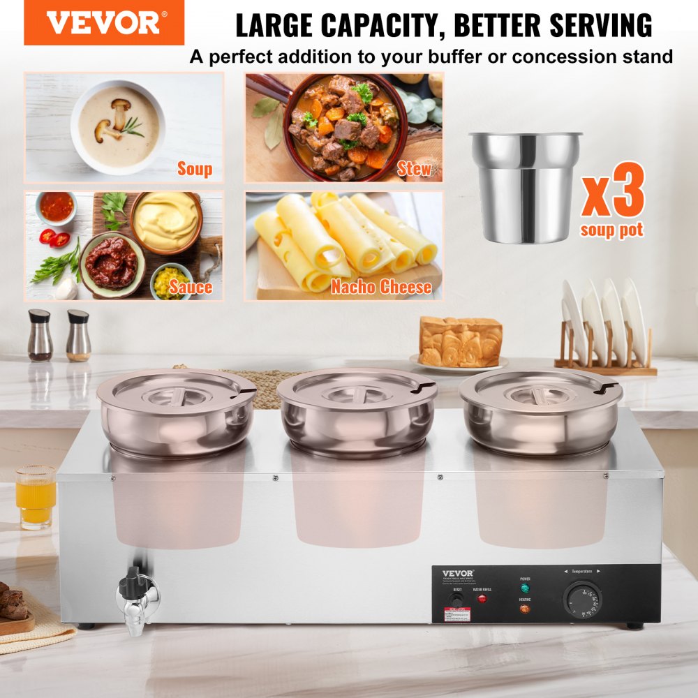 VEVOR Electric Soup Warmer, Three 7.4QT Stainless Steel Round Pot, 1200W Commercial Food Warmer, 86~185°F Adjustable