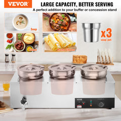 VEVOR Electric Soup Warmer, Three 7.4QT Stainless Steel Round Pot, 1200W Commercial Food Warmer, 86~185°F Adjustable