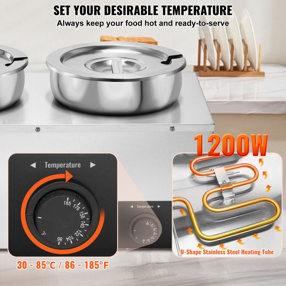 VEVOR Electric Soup Warmer, Three 7.4QT Stainless Steel Round Pot, 1200W Commercial Food Warmer, 86~185°F Adjustable