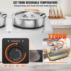 VEVOR Electric Soup Warmer, Three 7.4QT Stainless Steel Round Pot, 1200W Commercial Food Warmer, 86~185°F Adjustable