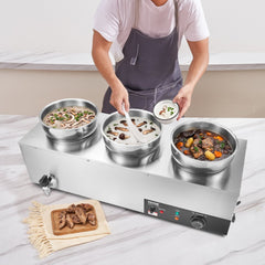 VEVOR Electric Soup Warmer, Three 7.4QT Stainless Steel Round Pot, 1200W Commercial Food Warmer, 86~185°F Adjustable