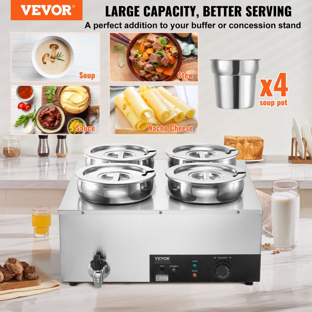 VEVOR Electric Soup Warmer, Four 7.4QT Stainless Steel Round Pot, 1500W Commercial Food Warmer, 86~185°F Adjustable