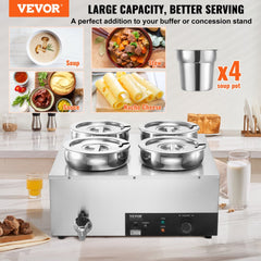 VEVOR Electric Soup Warmer, Four 7.4QT Stainless Steel Round Pot, 1500W Commercial Food Warmer, 86~185°F Adjustable