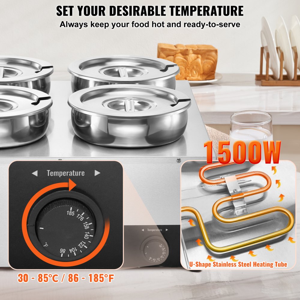 VEVOR Electric Soup Warmer, Four 7.4QT Stainless Steel Round Pot, 1500W Commercial Food Warmer, 86~185°F Adjustable