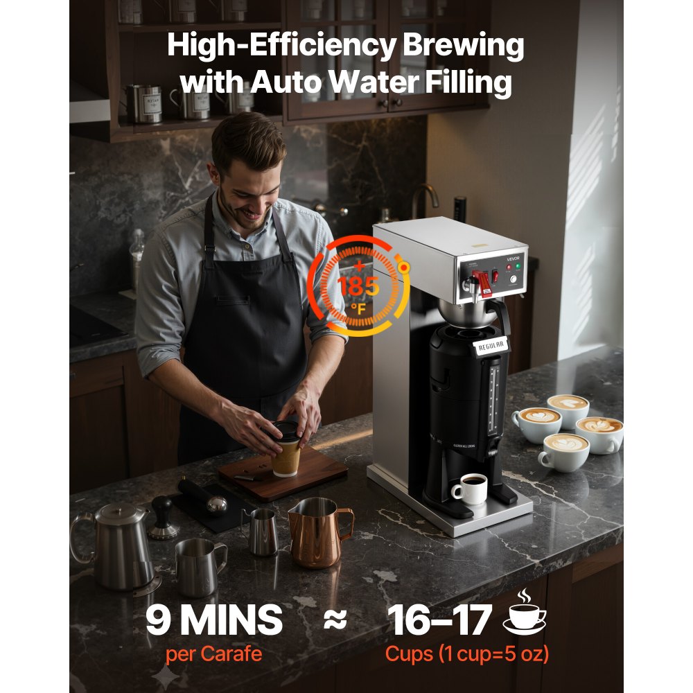VEVOR Commercial Drip Coffee Maker, 16-17 Cups Machine with 2.5 L Thermal Carafe, Keep Warm for 4 Hours, Stainless