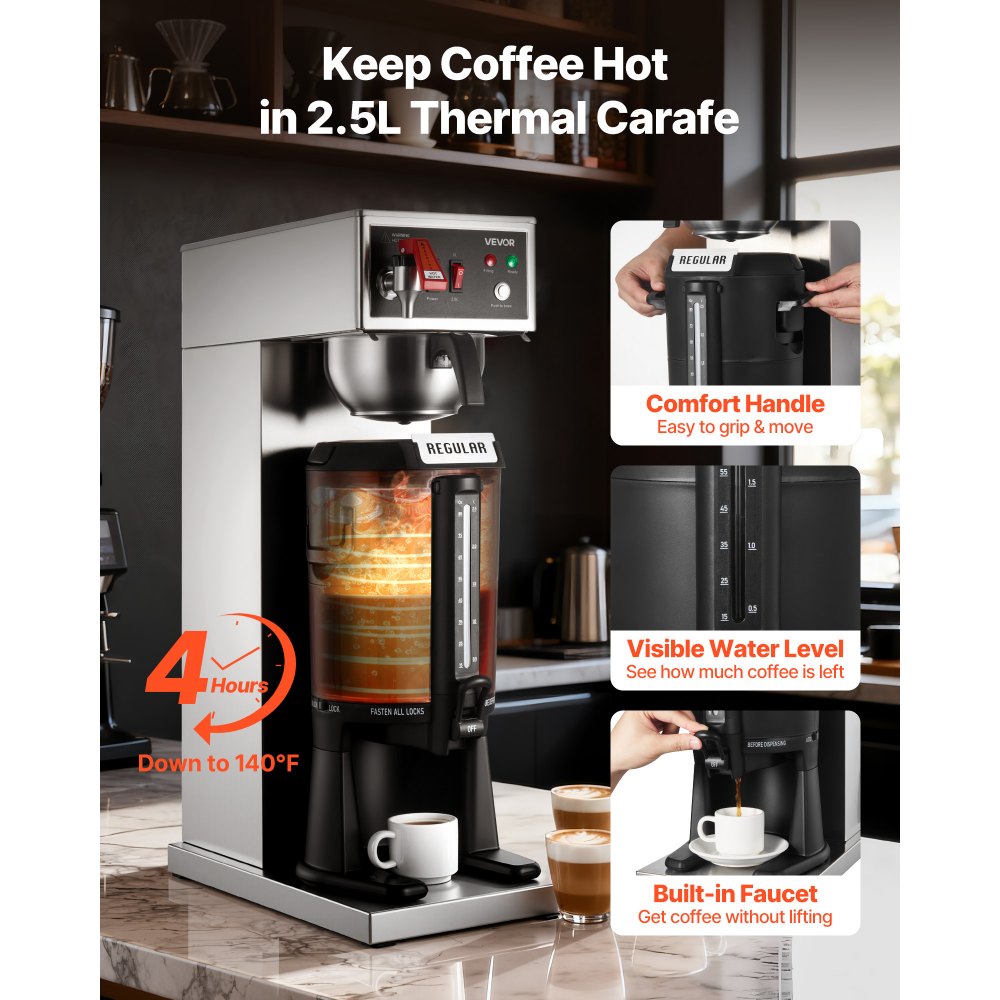 VEVOR Commercial Drip Coffee Maker, 16-17 Cups Machine with 2.5 L Thermal Carafe, Keep Warm for 4 Hours, Stainless