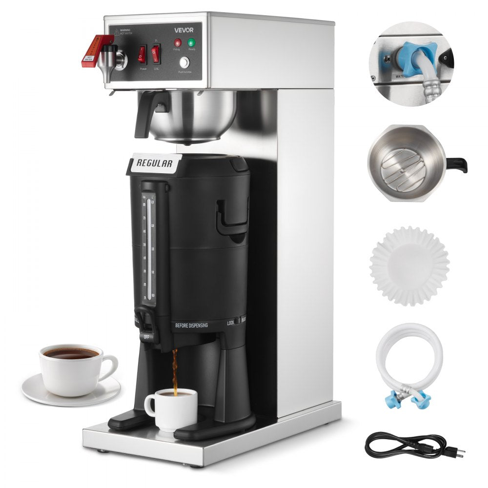 VEVOR Commercial Drip Coffee Maker, 16-17 Cups Machine with 2.5 L Thermal Carafe, Keep Warm for 4 Hours, Stainless