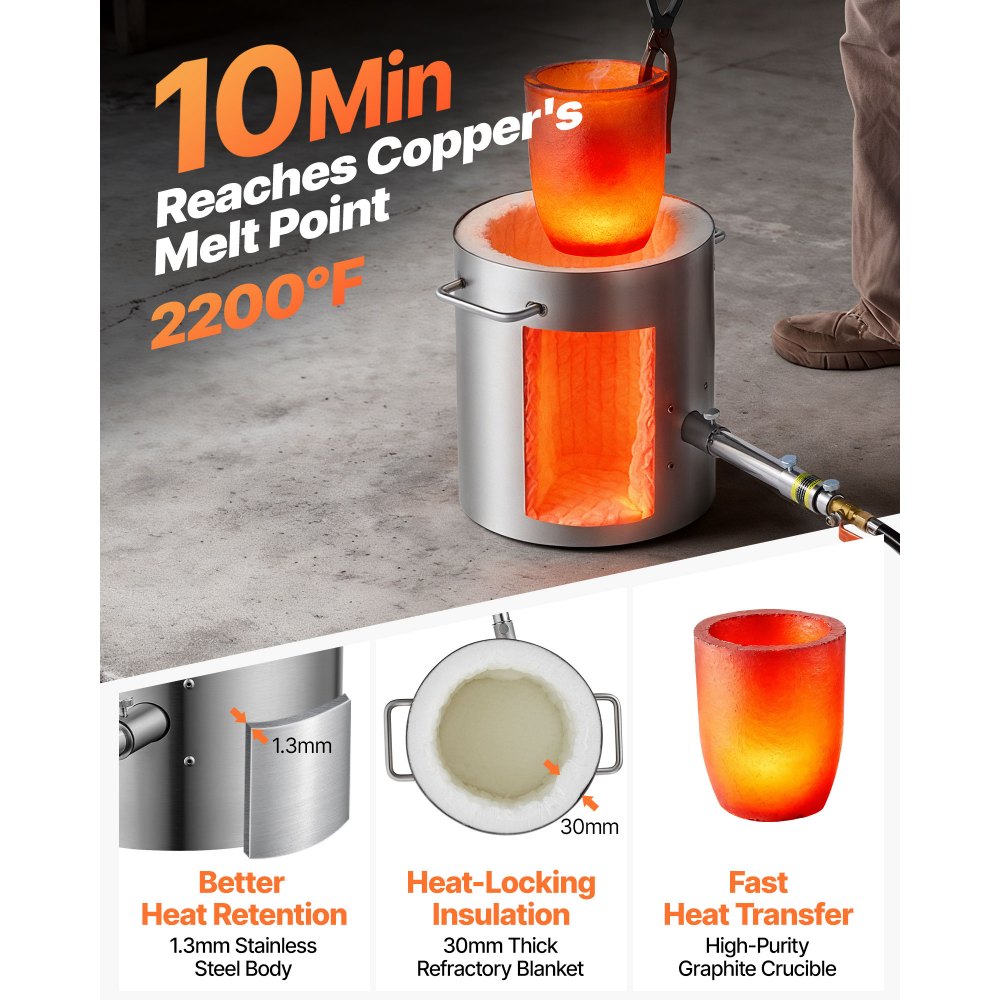 VEVOR Propane Melting Furnace Kit, 8KG/18lbs Gas Metal Melting Furnace Kit, Foundry Home Kiln with Crucible, Tongs