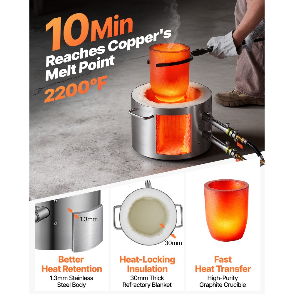 VEVOR Propane Melting Furnace Kit, 16KG/35lbs Gas Metal Melting Furnace Kit, Dual Burner Foundry Home Kiln with