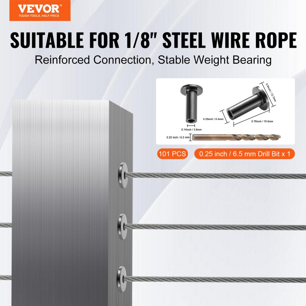 VEVOR 101 Pack T316 Stainless Steel Protector Sleeves for 1/8" Wire Rope Cable Railing, DIY Balustrade T316 Marine