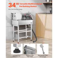 VEVOR 34 Inch Stainless Steel Dog Washing Station, Pet Grooming Tub with Hot & Cold Faucet, Showerhead, Storage Rack