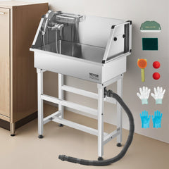 VEVOR 34 Inch Stainless Steel Dog Washing Station, Pet Grooming Tub with Hot & Cold Faucet, Showerhead, Storage Rack