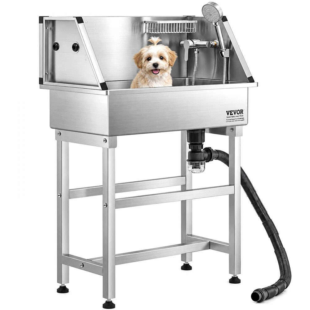 VEVOR 34 Inch Stainless Steel Dog Washing Station, Pet Grooming Tub with Hot & Cold Faucet, Showerhead, Storage Rack