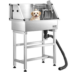 VEVOR 34 Inch Stainless Steel Dog Washing Station, Pet Grooming Tub with Hot & Cold Faucet, Showerhead, Storage Rack