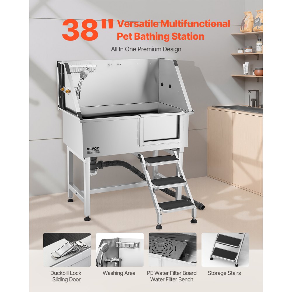VEVOR 38 Inch Stainless Steel Dog Washing Station, Pet Grooming Tub with Hot & Cold Faucet, Showerhead, Home Wash Sink