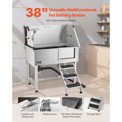 VEVOR 38 Inch Stainless Steel Dog Washing Station, Pet Grooming Tub with Hot & Cold Faucet, Showerhead, Home Wash Sink
