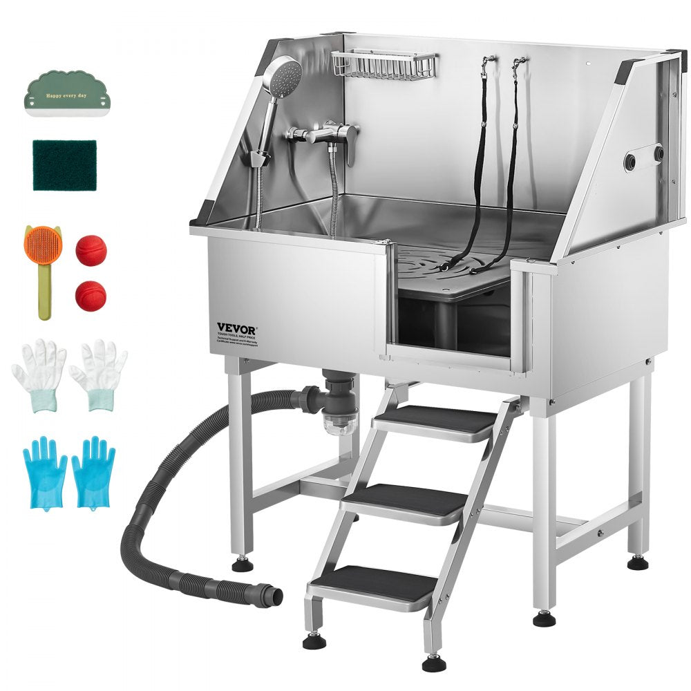 VEVOR 38 Inch Stainless Steel Dog Washing Station, Pet Grooming Tub with Hot & Cold Faucet, Showerhead, Home Wash Sink