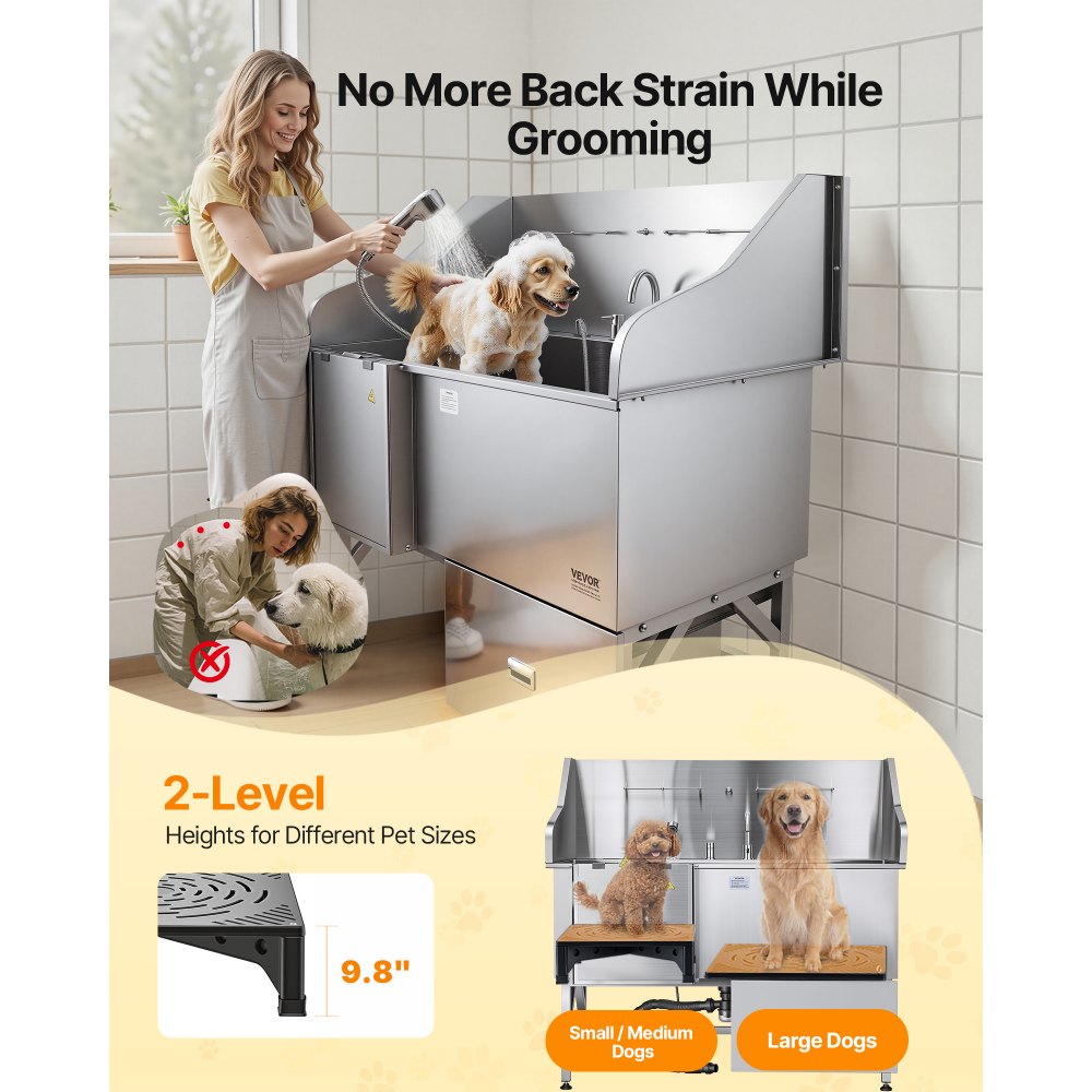 VEVOR 304 Stainless Steel Dog Washing Station, 61 Inch Pet Grooming Tub with Non-Slip Low-Slope Ramp, Storage Drawer