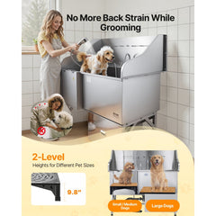 VEVOR 304 Stainless Steel Dog Washing Station, 61 Inch Pet Grooming Tub with Non-Slip Low-Slope Ramp, Storage Drawer