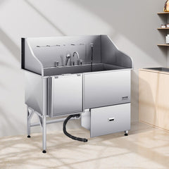 VEVOR 304 Stainless Steel Dog Washing Station, 61 Inch Pet Grooming Tub with Non-Slip Low-Slope Ramp, Storage Drawer