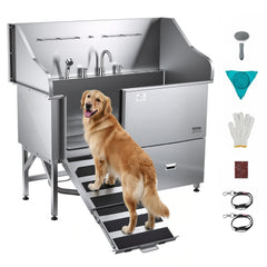 VEVOR 304 Stainless Steel Dog Washing Station, 61 Inch Pet Grooming Tub with Non-Slip Low-Slope Ramp, Storage Drawer