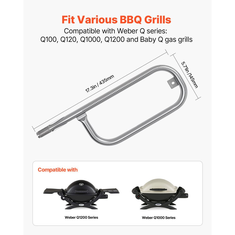 VEVOR Grill Burner Tube for Weber Q100, Q120, Q1000, Q1200, Baby Q Gas Grills, 17 inch 304 Stainless Steel Tube Burner