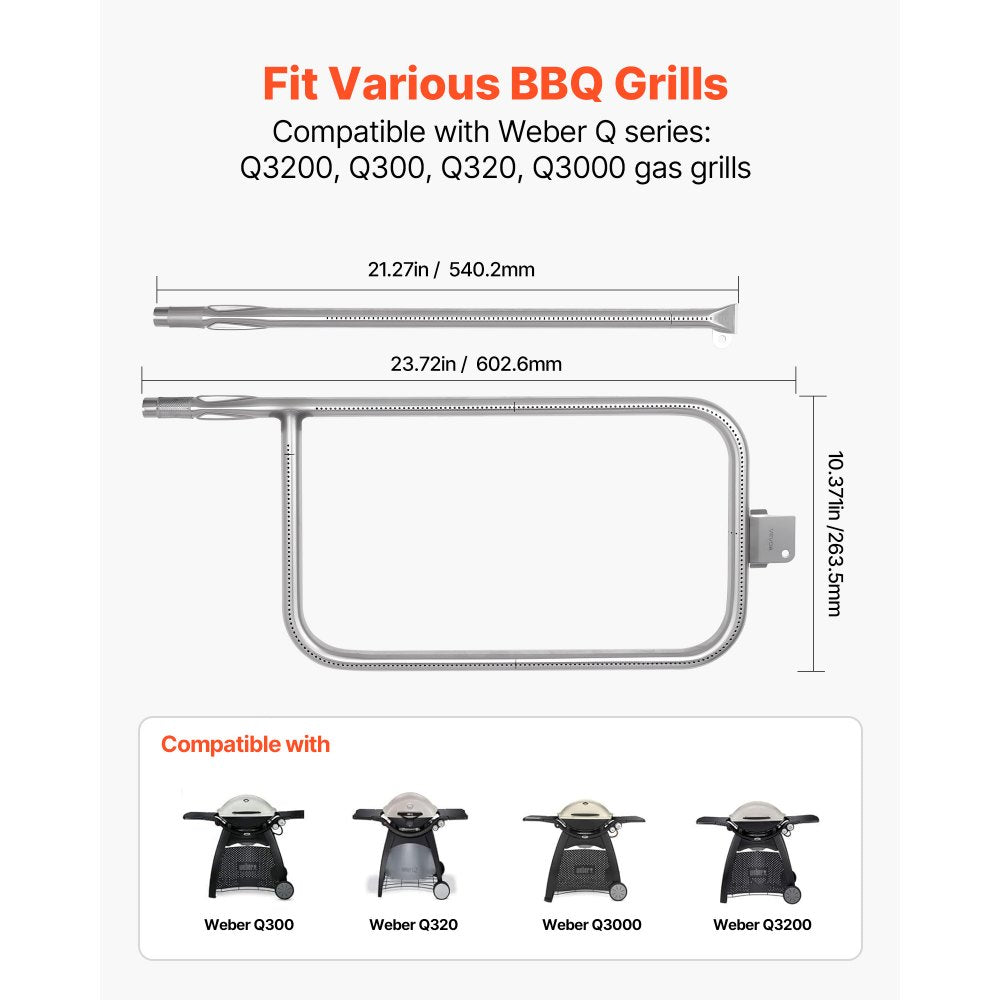 VEVOR Grill Burner Tube for Weber Q3200, Q300 (2013 & earlier), Q320, Q3000 (2014 & newer), 23.75 inch 304 Stainless