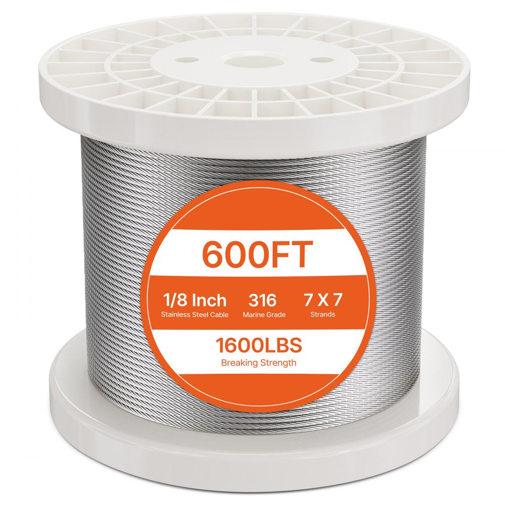 VEVOR Wire Rope Kit, 1/8" 600 ft 316 Stainless Steel Cable with Cutter and Gloves, 1600 lbs Breaking Strength, 7x7