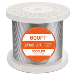 VEVOR Wire Rope Kit, 1/8" 600 ft 316 Stainless Steel Cable with Cutter and Gloves, 1600 lbs Breaking Strength, 7x7