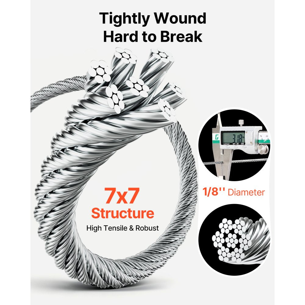 VEVOR Wire Rope Kit, 1/8" 1000 ft 316 Stainless Steel Cable with Cutter and Gloves, 1600 lbs Breaking Strength, 7x7