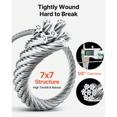 VEVOR Wire Rope Kit, 1/8" 1000 ft 316 Stainless Steel Cable with Cutter and Gloves, 1600 lbs Breaking Strength, 7x7