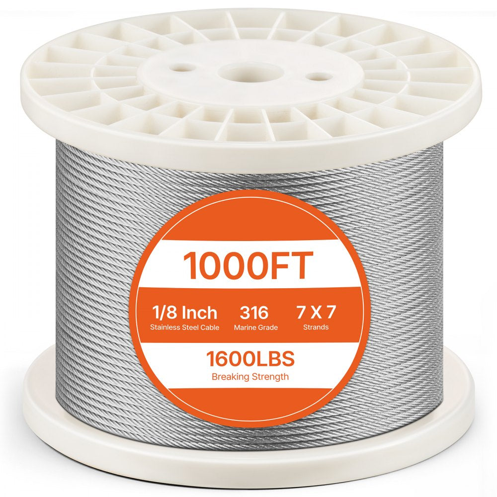VEVOR Wire Rope Kit, 1/8" 1000 ft 316 Stainless Steel Cable with Cutter and Gloves, 1600 lbs Breaking Strength, 7x7