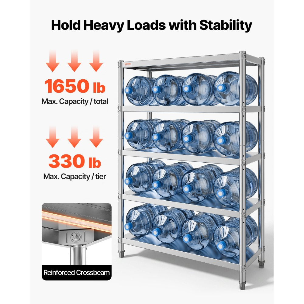 VEVOR Stainless Steel Shelves 48x18.5 Inch 5 Tier Adjustable Shelf Storage Unit Stainless Steel Rack Shelving Heavy