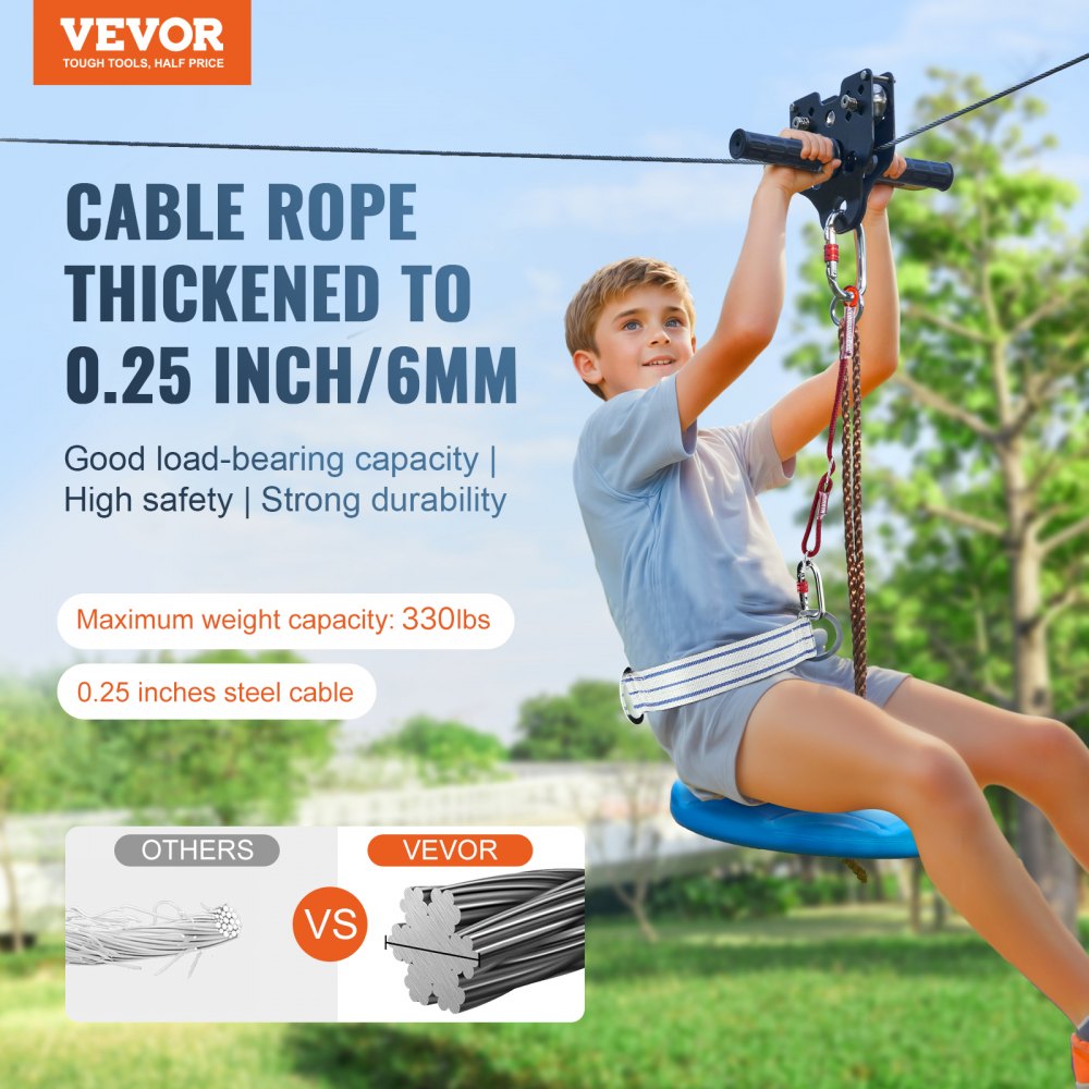 VEVOR Zipline Kit for Kids and Adult, 120 ft Zip Line Kits Up to 500 lb, Backyard Outdoor Quick Setup Zipline