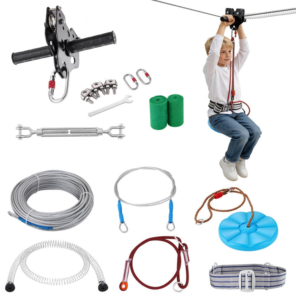 VEVOR Zipline Kit for Kids and Adult, 120 ft Zip Line Kits Up to 500 lb, Backyard Outdoor Quick Setup Zipline