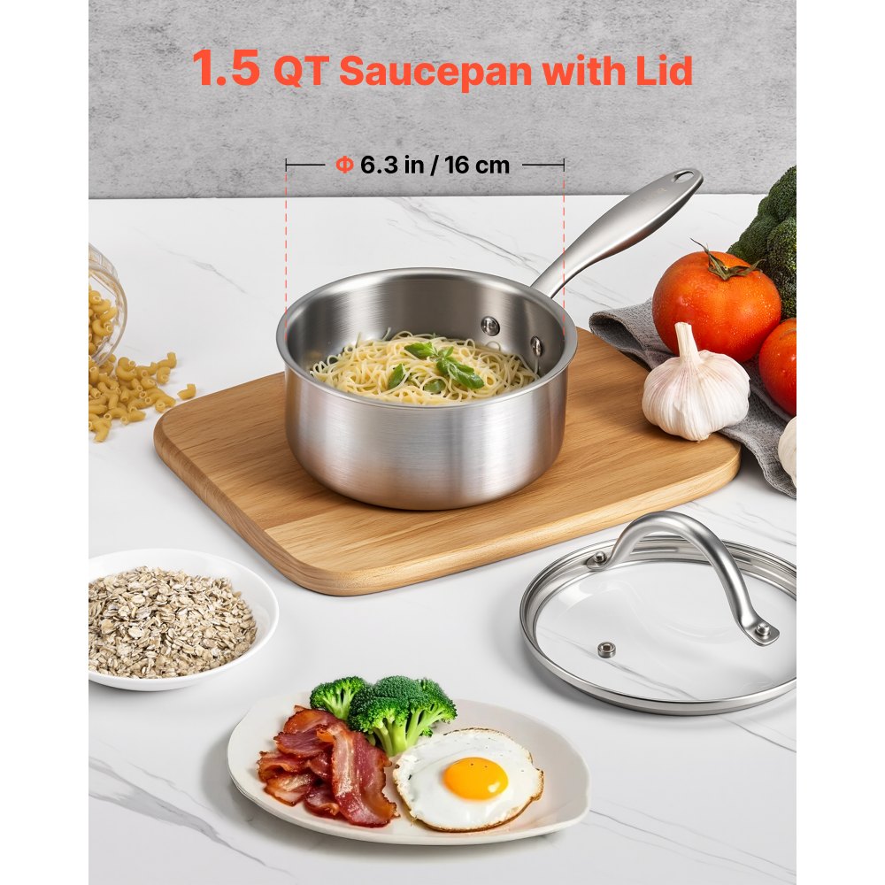 VEVOR 1.5 QT Saucepan, Stainless Steel Saucepan with Glass Lid, Multipurpose Nonstick Stainless Steel Small Cooking