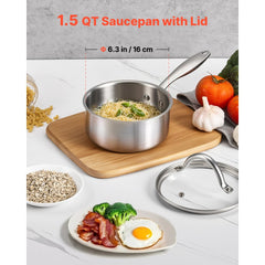 VEVOR 1.5 QT Saucepan, Stainless Steel Saucepan with Glass Lid, Multipurpose Nonstick Stainless Steel Small Cooking