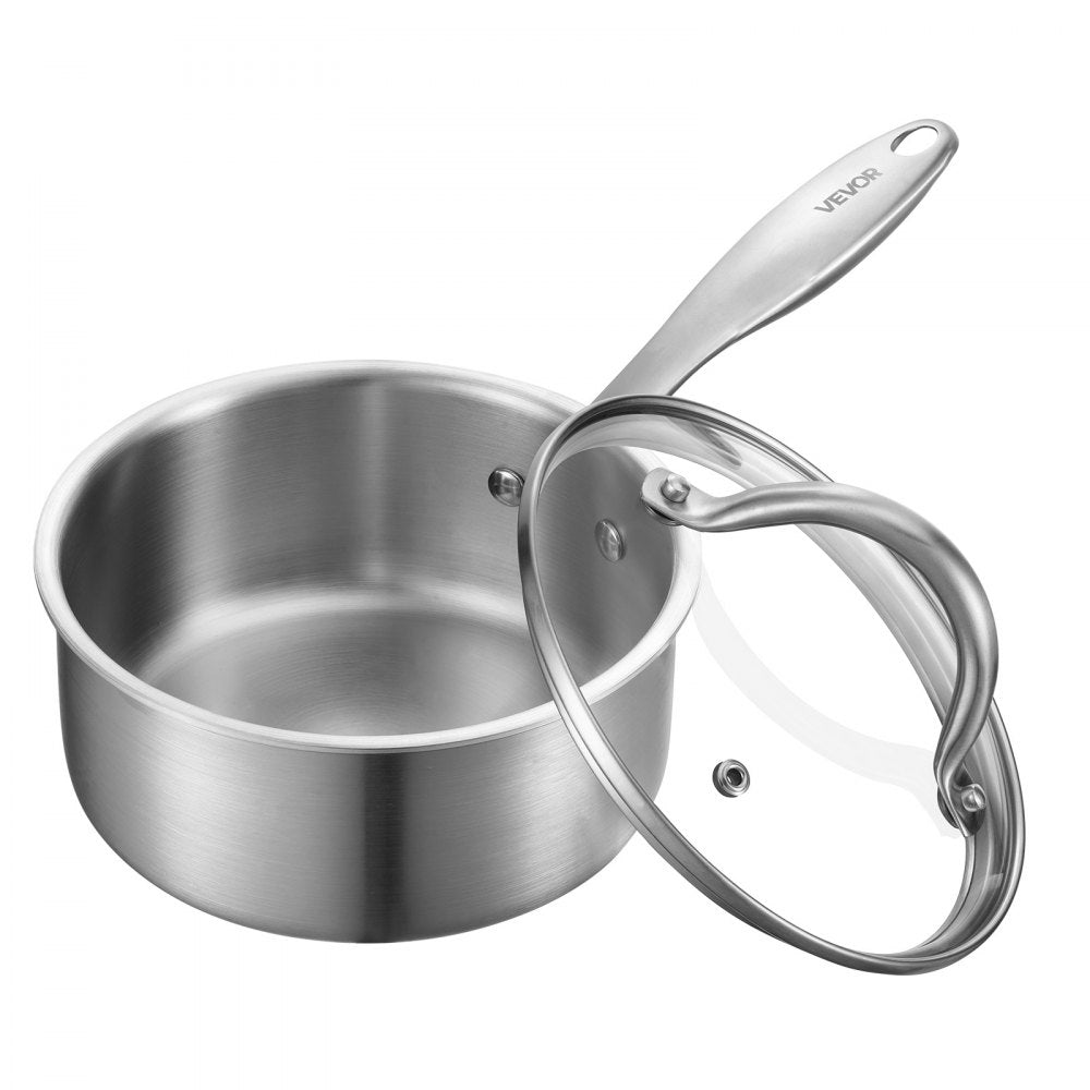 VEVOR 1.5 QT Saucepan, Stainless Steel Saucepan with Glass Lid, Multipurpose Nonstick Stainless Steel Small Cooking