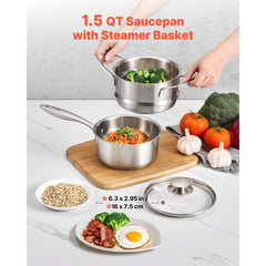 VEVOR 1.5 QT Saucepan with Steamer, Stainless Steel Saucepan with Glass Lid, Multipurpose Nonstick Stainless Steel