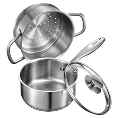 VEVOR 1.5 QT Saucepan with Steamer, Stainless Steel Saucepan with Glass Lid, Multipurpose Nonstick Stainless Steel