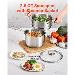 VEVOR 2.5 QT Saucepan with Steamer, Stainless Steel Saucepan with Glass Lid, Multipurpose Nonstick Stainless Steel