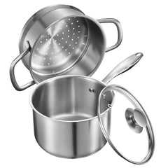 VEVOR 2.5 QT Saucepan with Steamer, Stainless Steel Saucepan with Glass Lid, Multipurpose Nonstick Stainless Steel