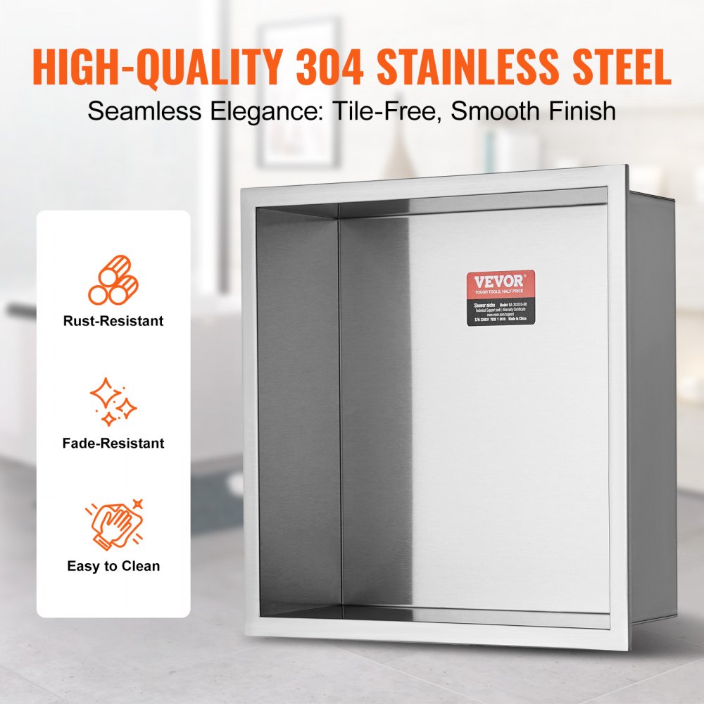 VEVOR 13"x13" No Tile Shower Niche 304 Stainless Steel, Wall-Inserted Niche Recessed Double Shelves, Sealed Waterproof