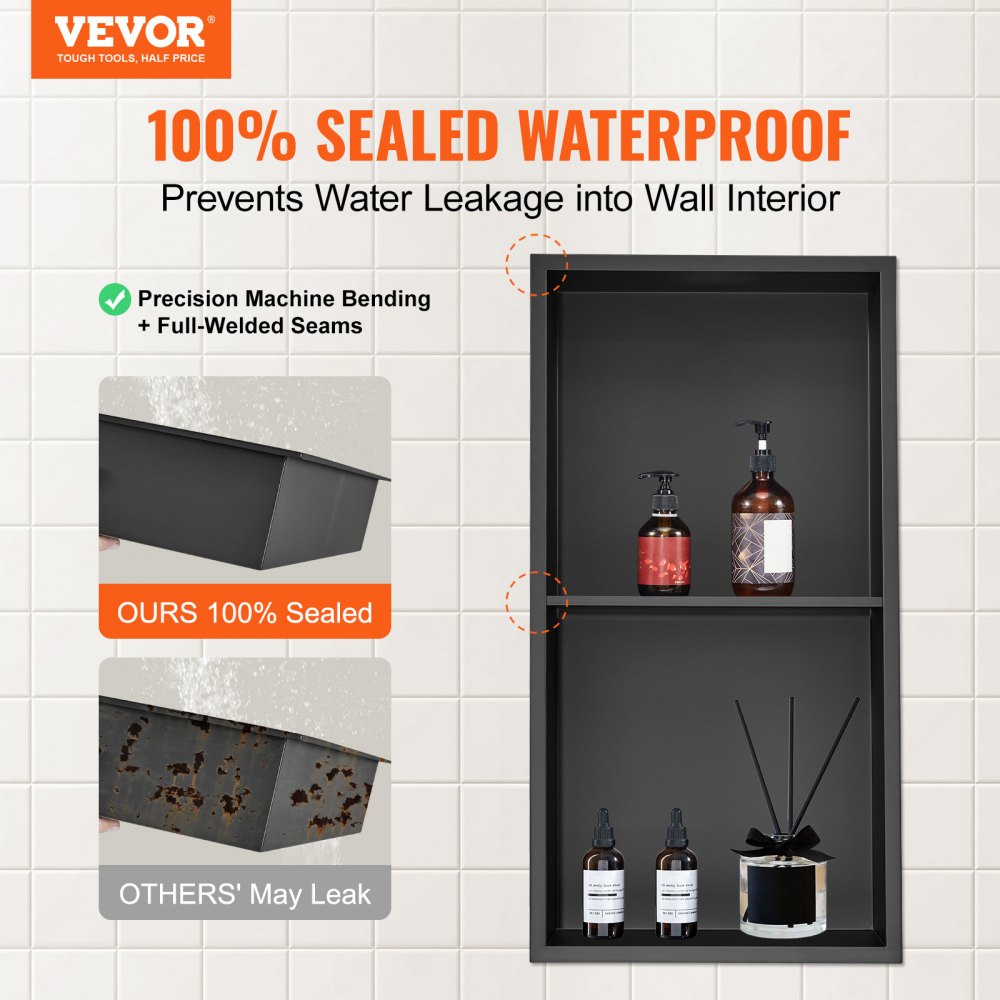 VEVOR 13"x25" No Tile Shower Niche 304 Stainless Steel, Wall-Inserted Niche Recessed Double Shelves, Sealed Waterproof